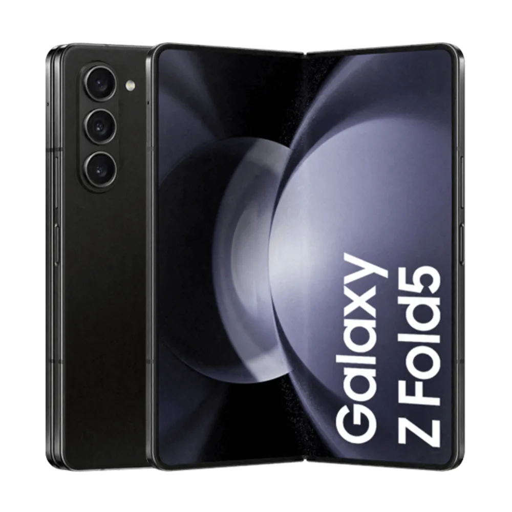 Samsung Galaxy Z Fold5 folding smartphone in Phantom Black with unlocked display and triple camera
