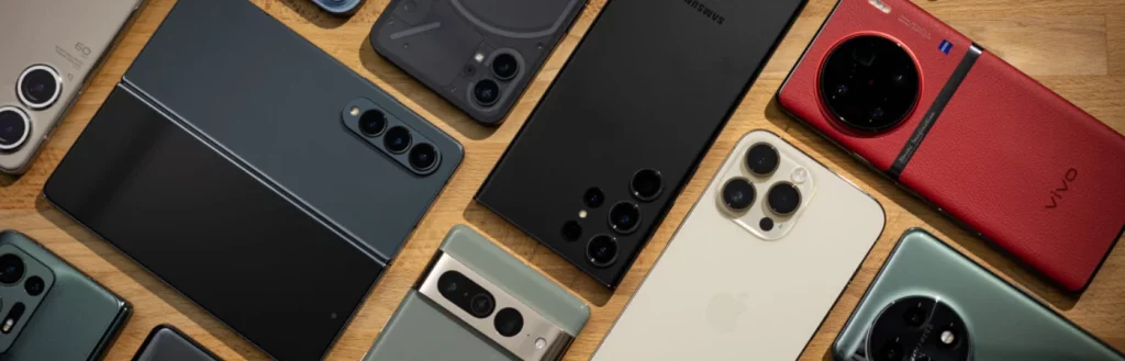 Google Pixel, Apple iPhone, Samsung Galaxy, OnePlus, and other smartphone models lying side by side on tabletop