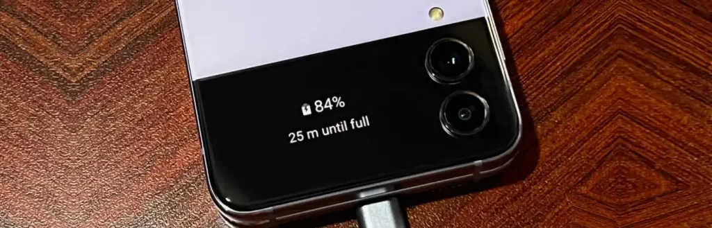 Samsung Z Fold 4 charging with always-on display showcasing battery percentage