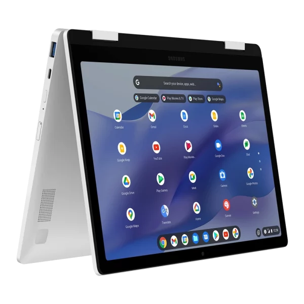 Product image of Galaxy Chromebook2 360 with unlocked display and Google business apps, half-folded to showcase 360 degree hinge.