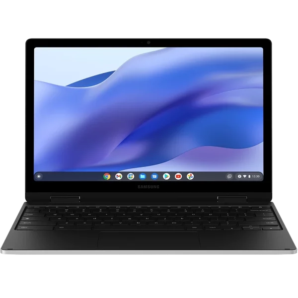 Product image of black Samsung Galaxy Chromebook2 360 for business with unlocked display and Google apps