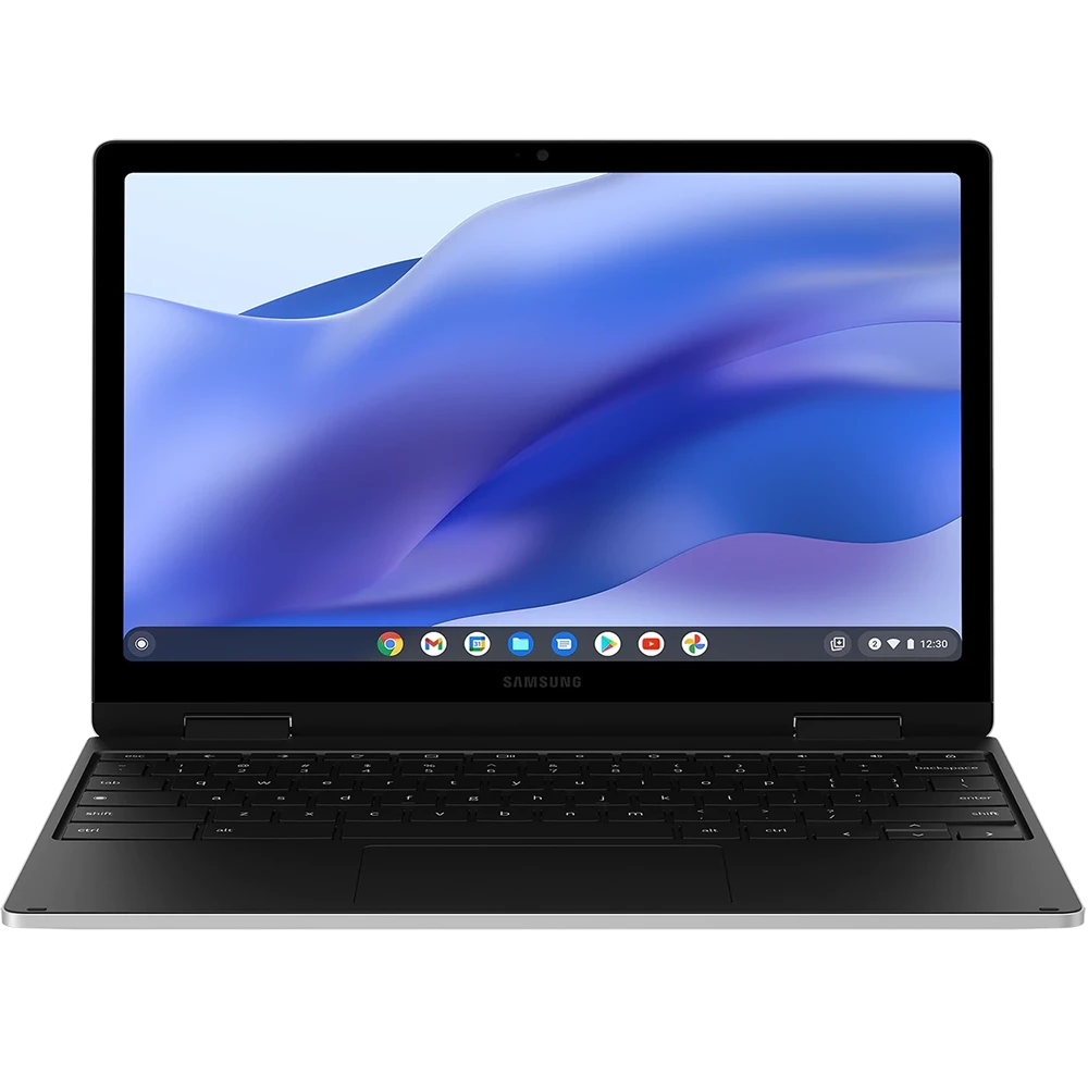 Product image of black Samsung Galaxy Chromebook2 360 for business with unlocked display and Google apps