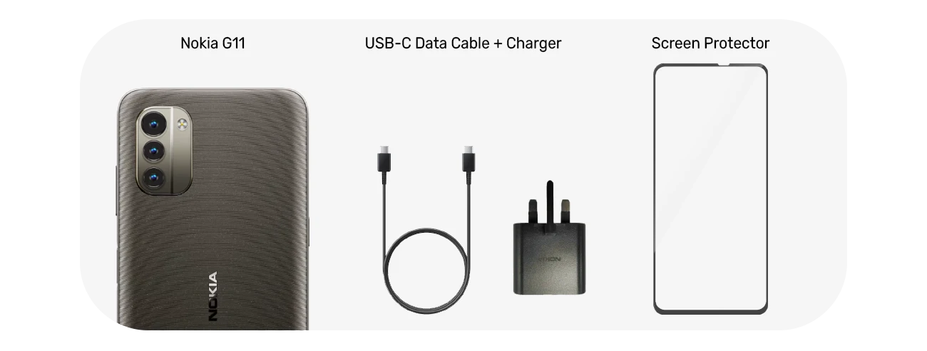 Nokia G11 for business box contents including smartphone, USB-C data cable, charger, and screen protectors