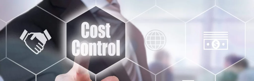 Business person pointing towards "cost control" button