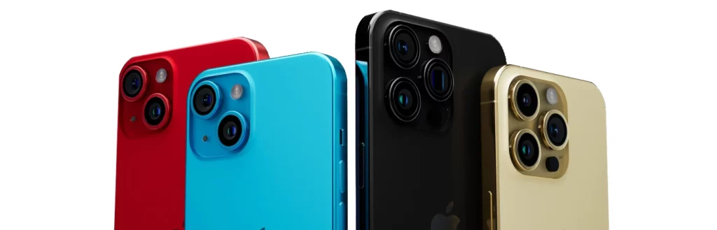 Four Apple iPhone models in red, Blue, Black, and Gold showcasing double/triple-camera systems