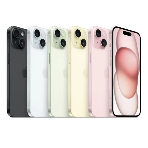 Row of iPhone 15 models in all colours including Black, Silver, Green. Yellow, and pink