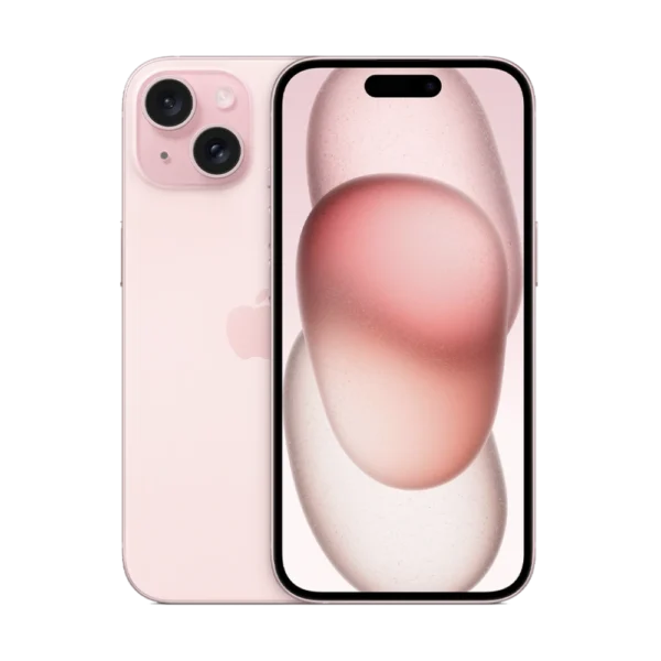 Front & rear side of iPhone 15 in pink with dual camera and unlocked display