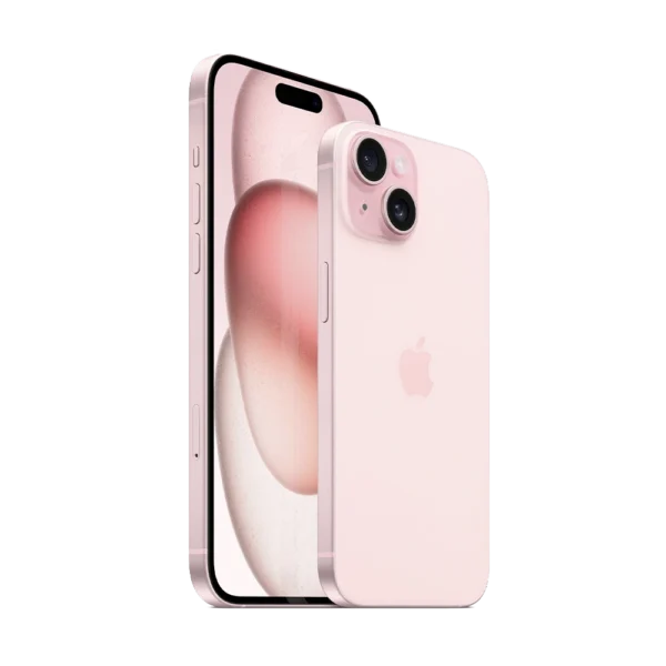 Apple iPhone 15 and Plus in pink, front & rear sides