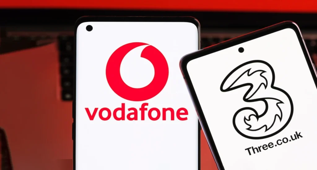 Vodafone and Three UK merger banner with both mobile network logos