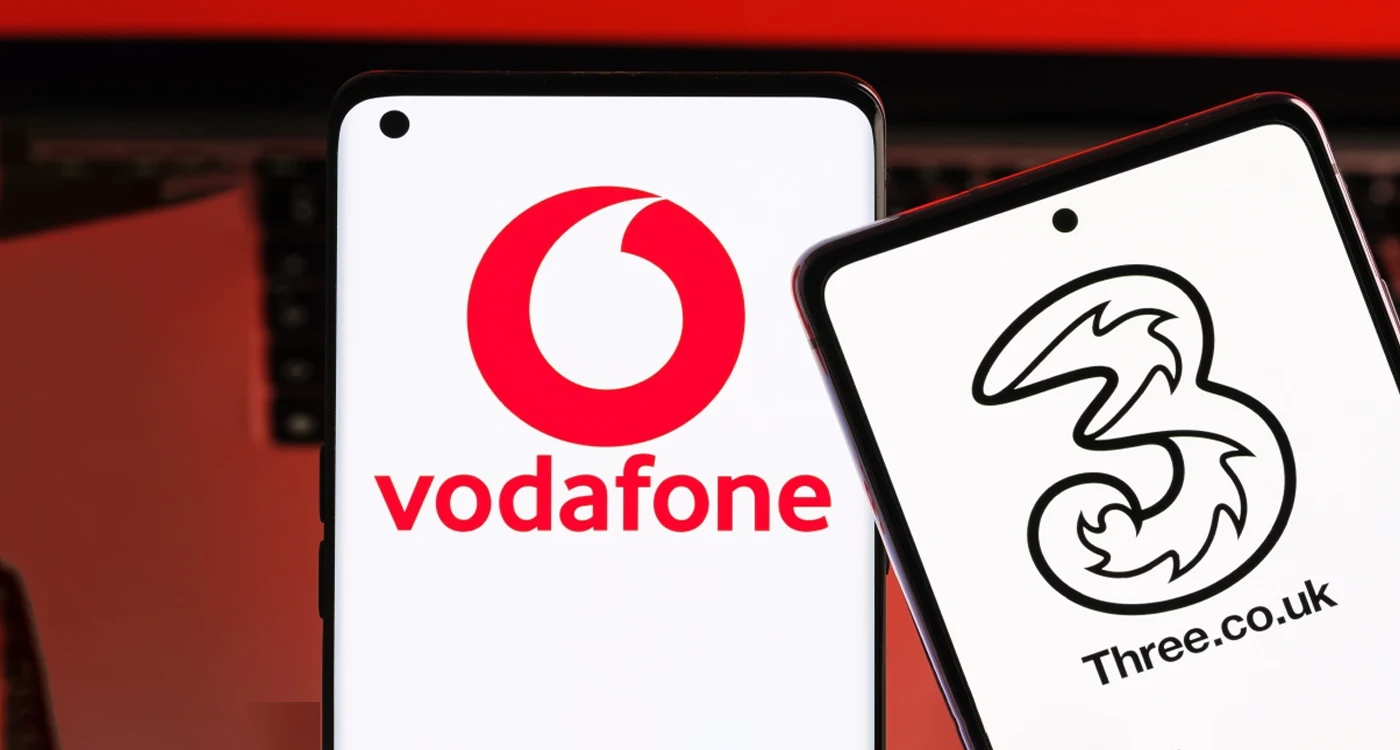 Vodafone and Three UK merger banner with both mobile network logos