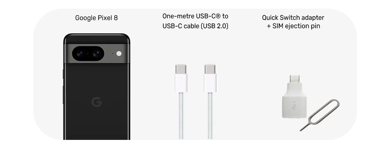 Google Pixel 8 Business Contract Box Contents including USB-C to USB-C Cable, SIM ejector pin, and Quick Switch Adapter