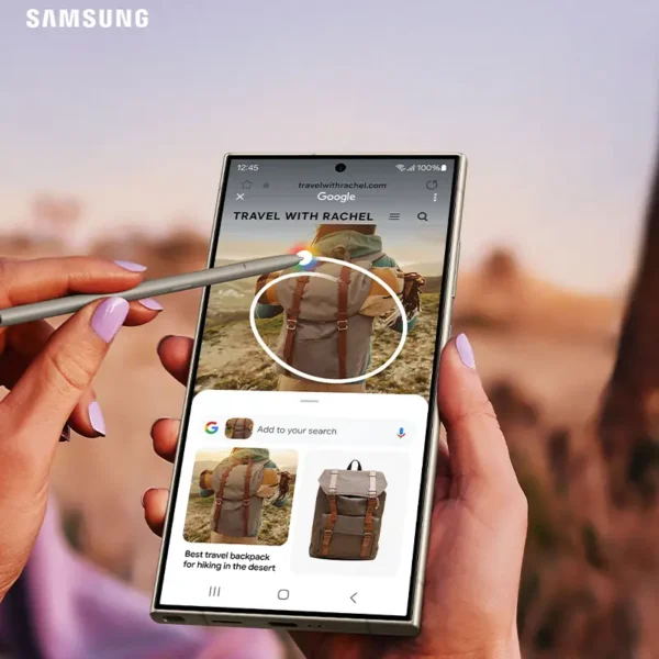 Woman uses Samsung Galaxy S24 Ultra S-pen stylus to highlight objects and Google them with Galaxy AI