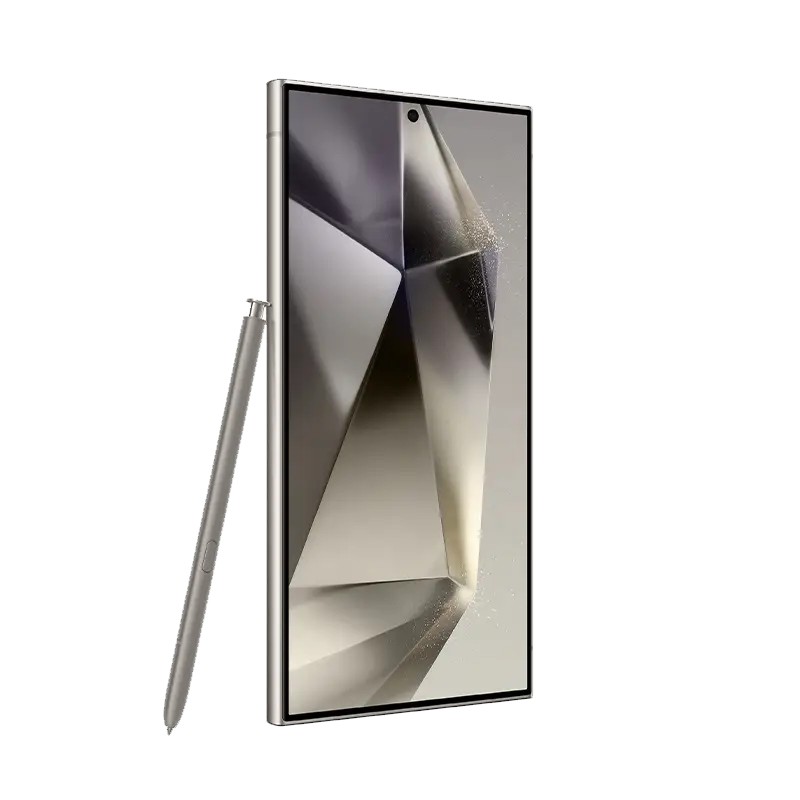 Side profile shot of Samsung Galaxy S24 Ultra for business contract in Titanium Grey with unlocked display, and S-pen stylus.