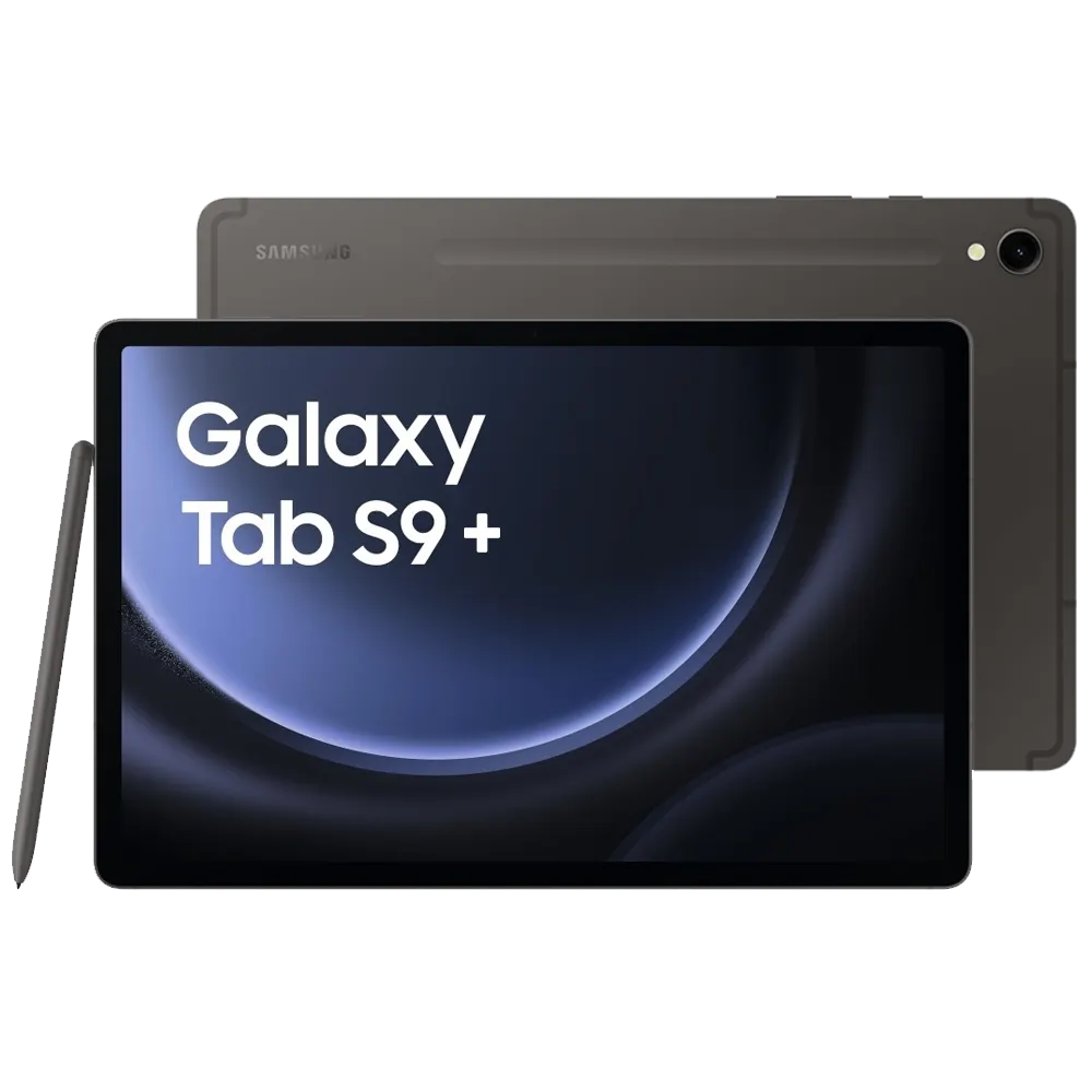 Grey Samsung Galaxy Tab S9+ with S-Pen stylus, camera, and unlocked display
