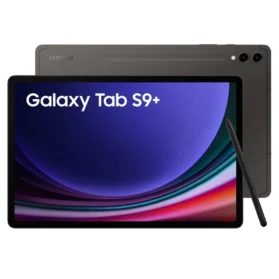 Grey Samsung Galaxy Tab S9+ with S-Pen stylus, camera, and unlocked display