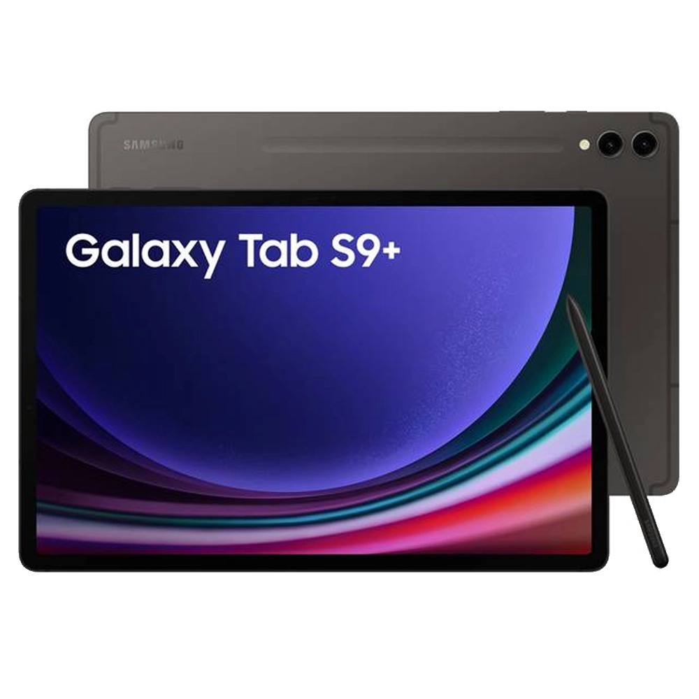 Grey Samsung Galaxy Tab S9+ with S-Pen stylus, camera, and unlocked display