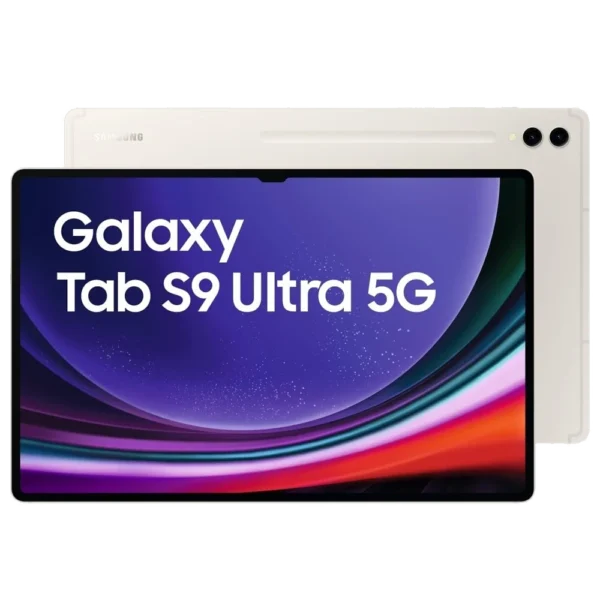 Cutout of front and rear sides of white Samsung Galaxy Tab S9 Ultra tablet with unlocked display and dual camera