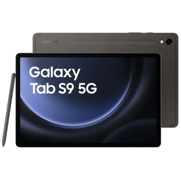 Grey Samsung Galaxy Tab S9 5G with S-Pen stylus, camera, and unlocked display