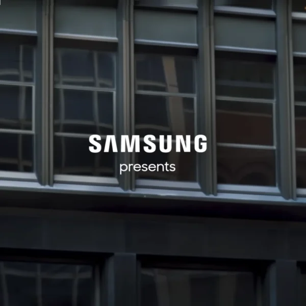 Annotated video thumbnail - "Samsung Presents" with skyscraper windows in background