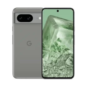 Front & rear side of Google Pixel 8 smartphone in green