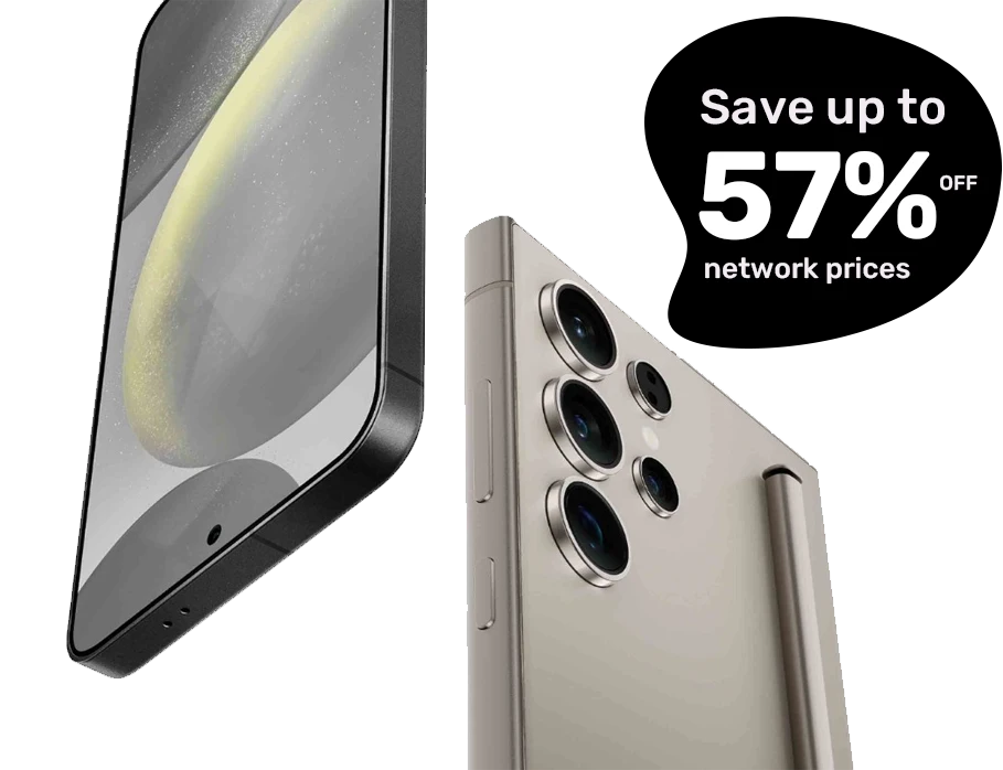 Apple iPhone and Samsung S24 Ultra business mobile deals banner with up to 57% off network prices