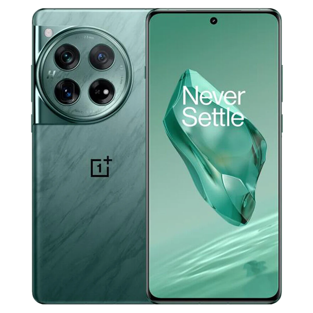 Green OnePlus 12 smartphone with front and rear side including quad-camera system