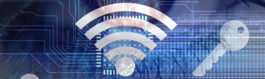 Cybersecurity Wi-Fi and key icons with blue motherboard background