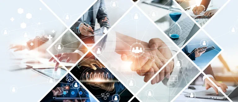 Collage of various uses of technology being used for business applications