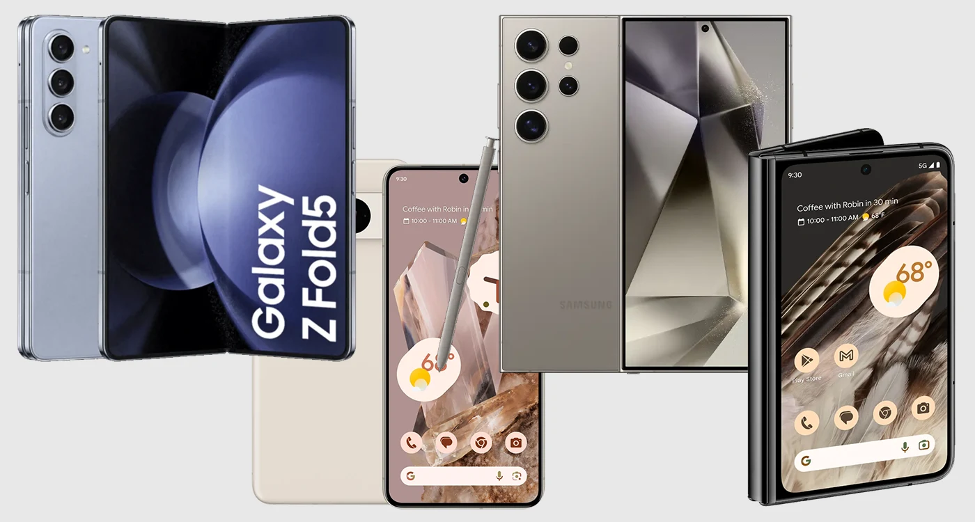 Lineup of the best Android mobile phones of 2024, featuring the Galaxy Z Fold 5, Google Pixel 8, S24 Ultra, and Google Fold 5G.