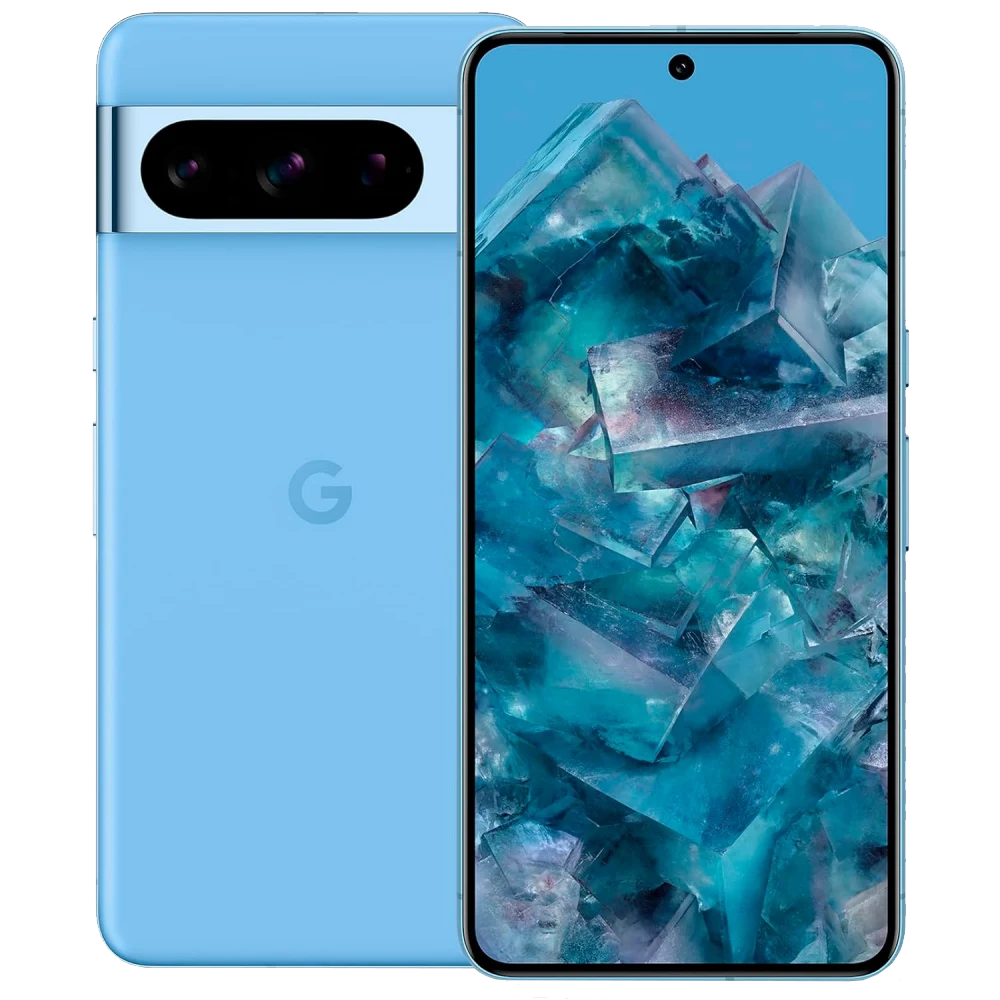 Front & rear side of Google Pixel 8 Pro smartphone in Bay Blue