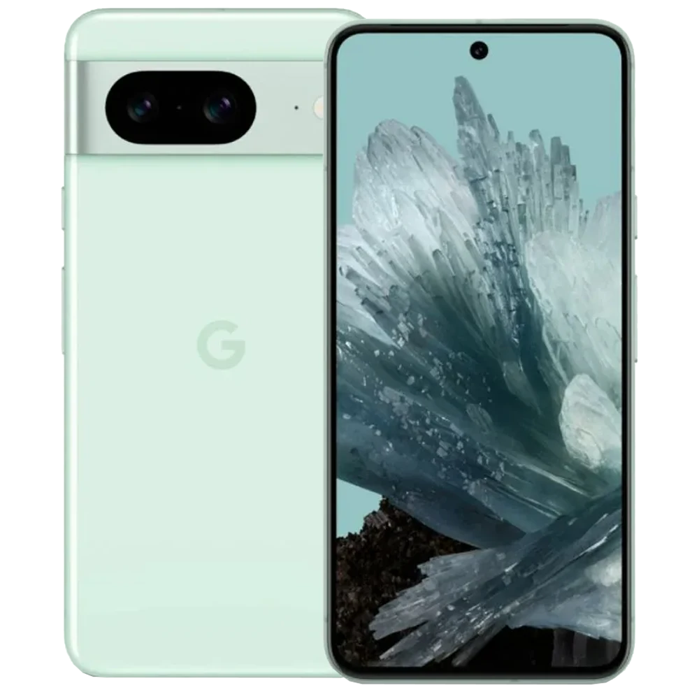 Front & rear side of Google Pixel 8 Pro smartphone in Mint Green