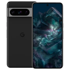 Front & rear side of Google Pixel 8 Pro smartphone in Obsidian Black