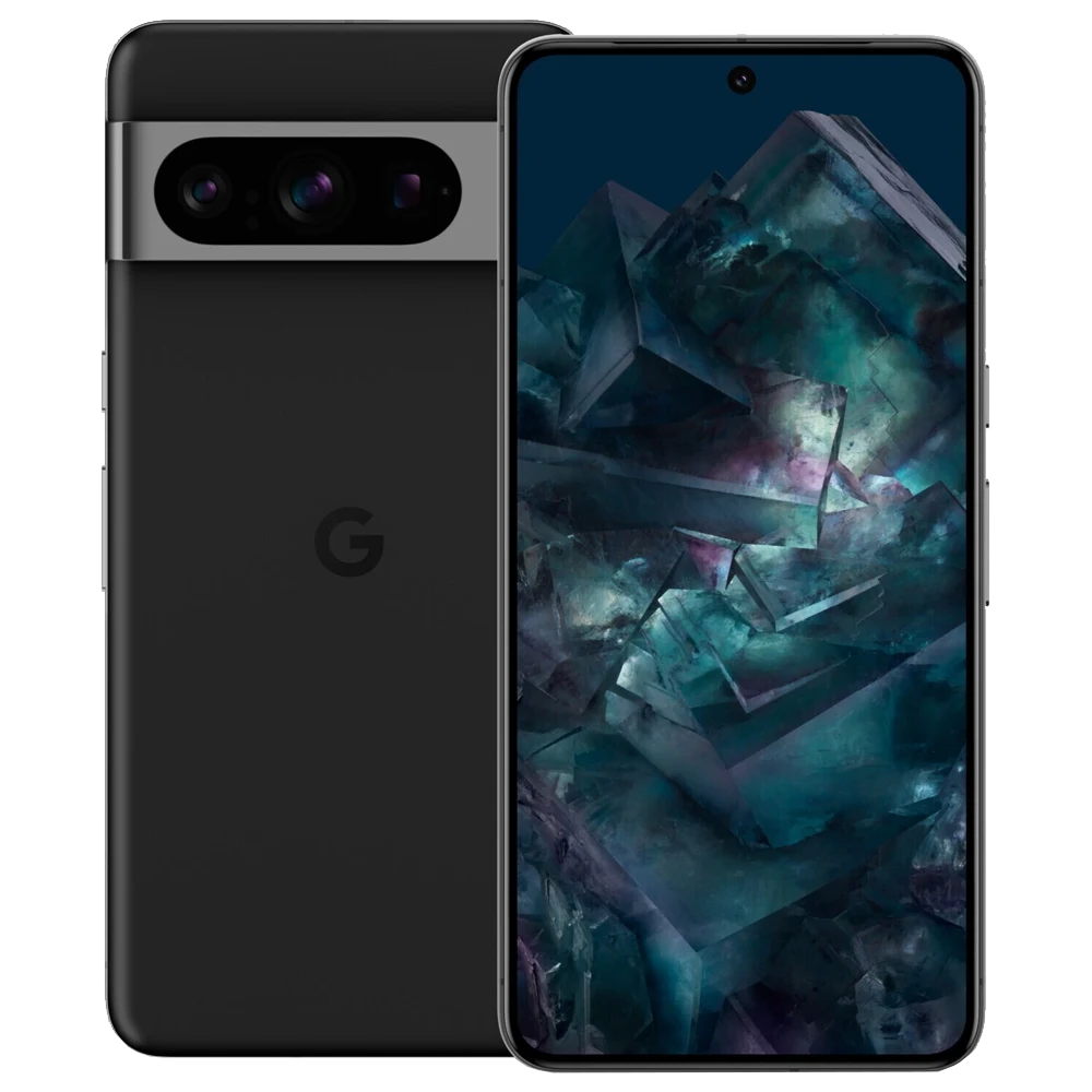 Front & rear side of Google Pixel 8 Pro smartphone in Obsidian Black