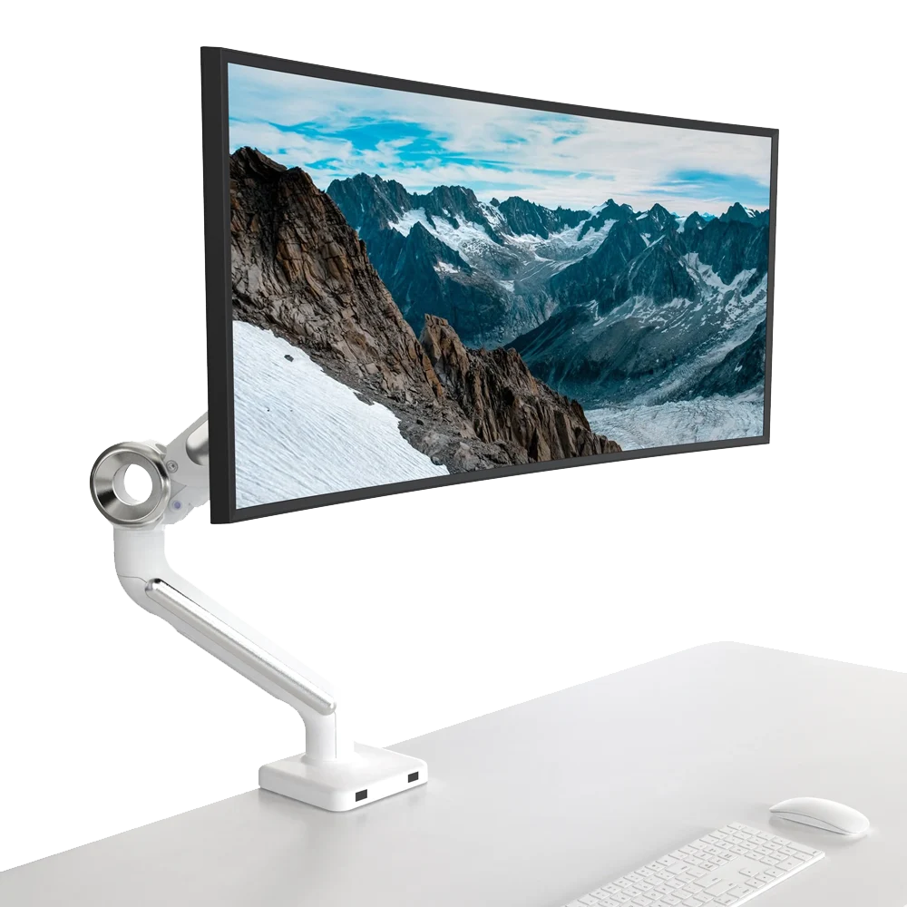 Home office monitor arm in use with keyboard and mouse