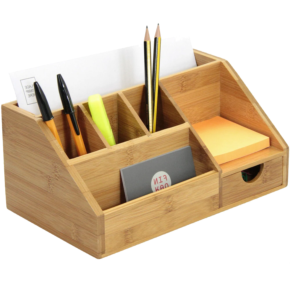 Stationery holder home office accessory with pens, pencil, and notepad.