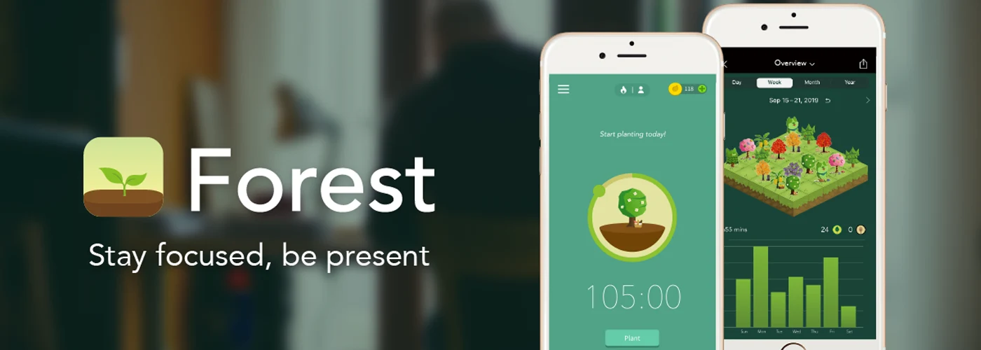 Forest work focus app banner on mobile phone