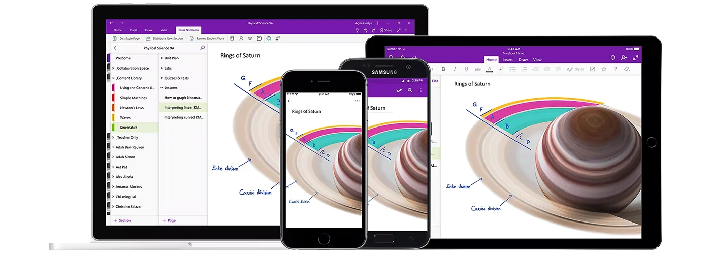 Microsoft OneNote note taking software cast across mobile phone, tablet, and laptop screens