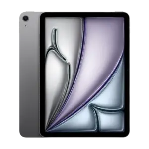 Front view of the iPad Air 2026 in a silver finish, displaying a lavender abstract wallpaper, shown beside the device’s back.