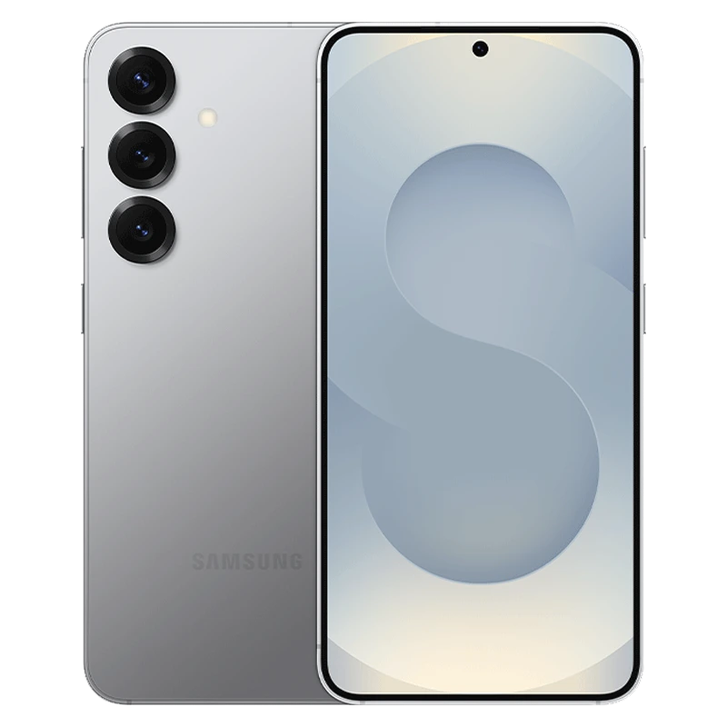 Front & rear side of Samsung Galaxy S25 smartphone in Silver Shadow