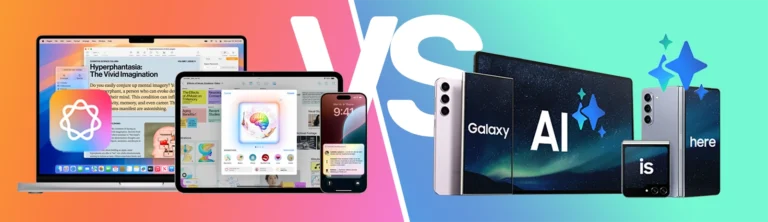 Galaxy AI vs Apple Intelligence banner with main features of both AI tools