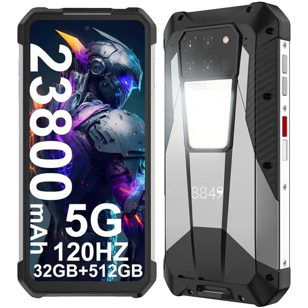 Front & rear side of Unihertz Tank 3 Pro rugged phone showcasing 23800 mAh battery, 120Hz screen, and 5G connectivity