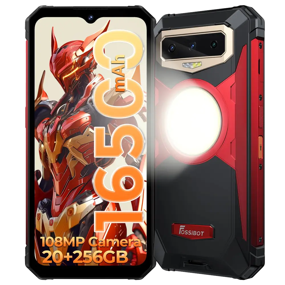 Front & rear Fossibot F102 rugged smartphone showcasing 16500 mAh battery and powerful flashlight