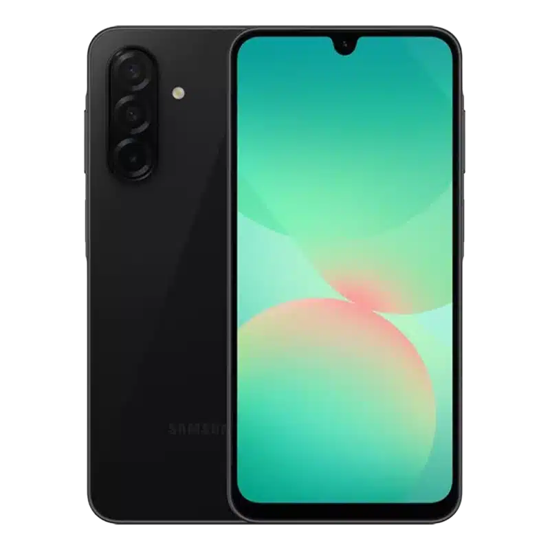 Front and Rear of Galaxy A26 smartphone in black