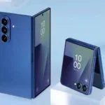 Samsung Galaxy Z Fold 7 standing half folded next to Z Flip 7 folding smartphone release and comparison