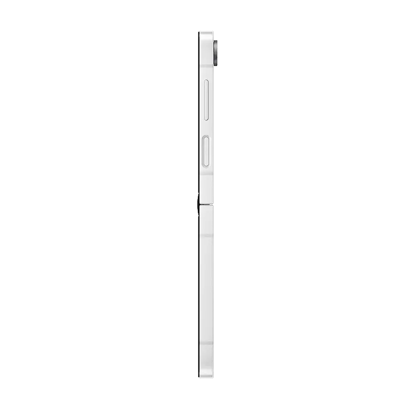 Side shot of white Samsung Galaxy Z Flip7 FE folding smartphone