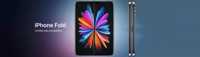 iPhone Fold banner - front & side view of foldable Apple iPhone concept design