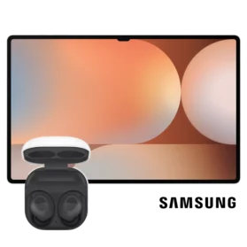 Cutout of front side of Samsung Galaxy Tab S10 Plus tablet in Silver with Galaxy Buds Graphite