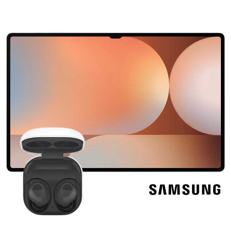 Cutout of front side of Samsung Galaxy Tab S10 Plus tablet in Silver with Galaxy Buds Graphite