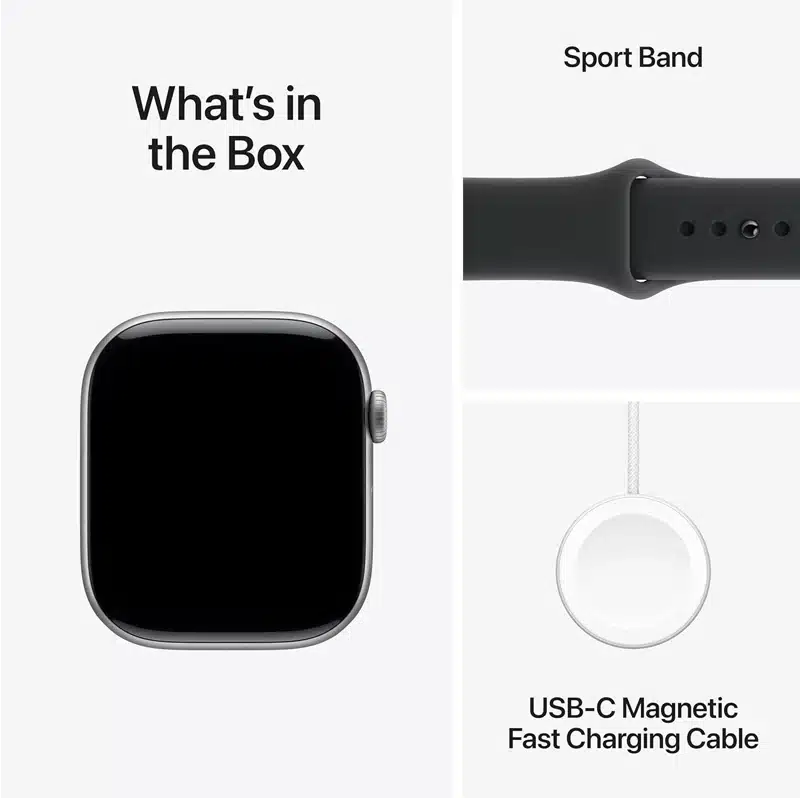 Apple Watch Series 11 business contract box contents including smart watch, sport band, and wireless charger