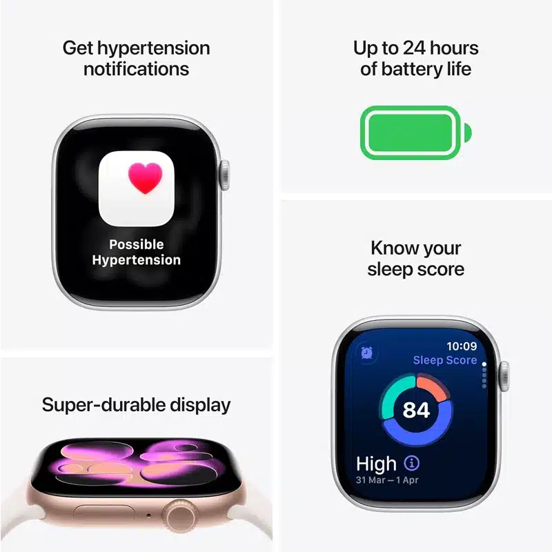 Grid of Apple Watch Series 11 features including battery life, sleep tracker, display, and more